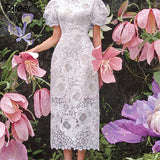 Lace Elegant Dress for Women Clothing O-neck Short Sleeve Hook Embroidery Flower Bodycon Dress Female Summer Spring
