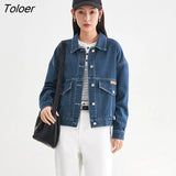 Women Denim Jacket 2023 Spring Long Sleeve Polo Neck Loose Coat Warm Casual All Match Chic Beige Dark Blue