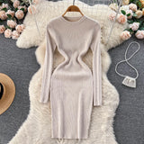 Women Striped Midi Sweater Dress Long Sleeve Elastic Waist Slim Warm Dress Fashion 2022 Ladies Thick Knitted