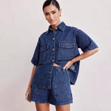 2025 New Vintage Casual Pocket Short Sleeve Shirt Shorts Denim Set