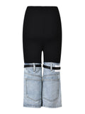 Fashion Women's Contrasting Color Patchwork Jeans Elastic Waist Strap Design Straight Denim Calf-Length Pants