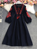 New Spring Autumn Vintage O-neck long sleeve Dress embroidery lace up tassel high waist pleated mid-length A-line