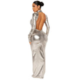 Toloer New Metal Color Sexy Back Tight Show Slim Dress Female Skirt-Outfit