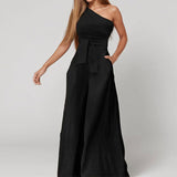 Women's Dress 2025 New Solid Color Collared Shoulder Tie With High-Waisted Broad-Legged Jumpsuit