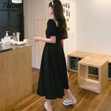 Sleeve Dress Women Black Vestidos Elegant Square Collar Vintage Pure Summer College Trendy French Style Design