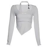 Fake Two Piece Halter Crop Tops Irregular Patchwork Long Sleeve T-shirt Chain Sexy Slim Chic Tops Women Streetwear