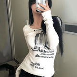 Grunge Print Long Sleeve T-shirt Korean Fashion Graphic T Shirts Y2k Aesthetics Kpop Tops Sexy Slim Tee Shirt