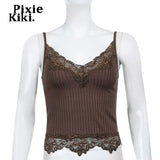 Lace Patchwork Brown Crop Top Y2k Clothes Fairy Grunge Style Cropped Tees Cami Ribbed Knitted Tank Tops
