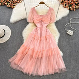 Summer Sweet Women Mesh Ruffle Party Dress Purple/Red/Beige Square Collar Short Sleeve High Waist A-Line Vestidos Female