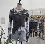 Shooting Tie-Dye Print Spliced Denim T-Shirt Girl Autumn Design Sense Irregular Hair Side Short-Sleeved Top