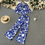 Women Summer Fashion Korean Two Piece Suits Short Sleeve Short Top+Wide Leg Long Pants Streetwear Ladies Suits Two Piece