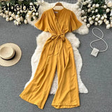 V Neck Jumpsuits Summer Female Irregular Casual Rompers Women Wide leg Summer Overalls