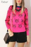 Quality Runway Designer Cat Print Knitted Sweaters Pullovers Women Autumn Winter Long Sleeve Harajuku Sweet