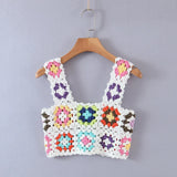 Women Multicolor Crochet Tank Top Sexy Square Neck Sleeveless Holiday Summer Crop