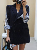 Fashion Women's Blazer New Notched Loose Double Breasted Spliced Striped Long Suit jackets Female Autumn 2023