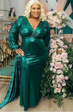 Plus Size Shiny V-neck Puff Sleeve Evening