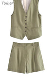 MODA 2023 Summer Women 2 Piece Sets Vintage Single Breasted V Neck Waistcoat Vest + Slim Zipper Fly Shorts Female Chic