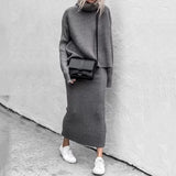 Casual Turtleneck Knitted Skirt Suit Oversized Y2K Knitted Long Sleeve Crop Top Two Piece Set Women Long Sleeve Dress