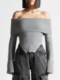 Toloer 2024 New Fashion Temperament One Word Shoulder Slim Slim Long-Sleeved Sweater Women's Solid Color Back Sweater-Outfit