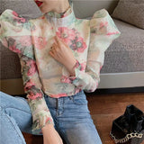 Women Elegant Casual Ruffle Blouses For Female Turtleneck Puff Long Sleeve Tunic Ruched Women's Shirts Fashion