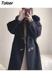 women elegant fur collar winter overcoats female horn botton sweet white long coats korean thick warm