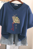 100% Cotton L-5XL Plus Size T Shirt Print Short Sleeve Women's Top Japanese Summer Sweet Couple V Neck Oversize T