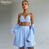 Fashion Long Sleeve Blouse + Bra Womens Three Peice Sets Casual Loose Blue Cotton High Waist Shorts Suits Female