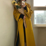 Elegant Solid Long Wool Coat Women Batwing Long Sleeve Loose Drop Shoulder Pocket Coat Split Hem Chic Stylish