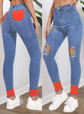 Blue Cut Out Damaged Contrast High Waist