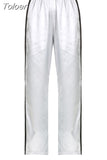 Y2k Silver Sweatpants Women Korean Streetwear Loose Vintage Side Stripe Elastic Waist Track Pants Summer Casual