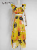 TWOTWINSTYLE Slim Print Two Piece Set Women Round Neck Short Sleeve Tops High Waist Midi Skirts Colorblock Sets Female