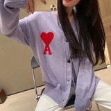 2022 Korean Style Men And Women Red Heart Love Letter A Knitted Cardigan Loose Long-Sleeved Sweater V-Neck Coat Unisex