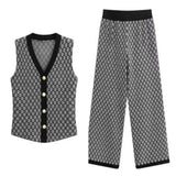 Fragrant Breeze Lady Sleeveless Knitted Shoulder Vest Metal Buckle Broad Leg Trousers Set Famous Retro