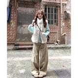 Daily Commute Relaxation Green Knitted Jersey Folded Vest Coat Wide Leg Trousers