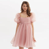 Graduation party dreess Sweet Puff Sleeve Organza Wedding Dress Woman High Waist Backless Square Collar Mini Dress New Summer