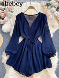 Women Dot Chiffon Rompers Long Sleeve V Neck Casual Loose Overalls Jumpsuits Summer Korean Wide Leg Beach