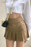 Pleated Micro Skirt Women Korean Fashion Casual Button Pocket Patchwork High Waist A-line Sexy Mini Skirt