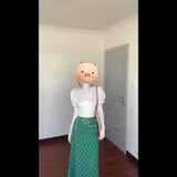 View Of The Unique Beautiful V-Neck Bubble Sleeve Shirt For Women's Summer New Green Floral Skirt