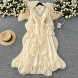 High-End Elegant Dress Women Fashion Heavy Industry Embroidery Stender V Collar Waist Temperament Court Style Long