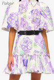 Casual Print Dresses For Women Lapel Puff Sleeve Gathered Waist Patchwork Belt Ruffles Temperament Mini Dress Female