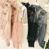 Women Tops Fashion Sexy Sheer Lace Blouse Lantern Sleeve 3D Floral Blouses Shirts Elegant Top Blusas