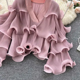Spring Autumn Women Irregular Ruffle Draped Tops Female Elegant V-Neck Flare Long Sleeve Short Tops Vintage Blouse New