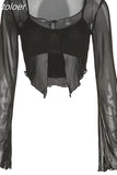 Y2k Sexy Long Sleeve Crop Tops Black Shirts 2 Piece Set Irregular Mesh See Through Cardigan and Camis