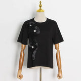 Patchwork Ruffle T-shirts For Female O Neck Short Sleeve High Waist Loose Solid Color Women's Casual T-shirt
