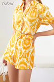 Loose Two Piece Sets For Women Lapel Short Sleeve Single Breasted Top Spliced Belt Wide Leg Shorts Print Set Female