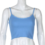 Style Spaghetti Strap V Neck with Lace Cropped Tops Summer Fashion Ribbed Solid Backless Blue Cami