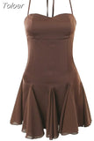 Spring Summer New Sexy Slim Fashion Women Halter Neck Tie Backless Pleated Short Strap Mini Dress