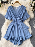 Summer New Korean Rompers Women Flared Sleeve Solid Ruffle Wide Leg Short Jumpsuits Casual Vacation Beach