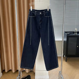 Women's Casual Water Wash Straight Leg Jeans Loose Thread Striking Denim