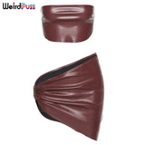 Puss Women PU Leather Sexy Off Shoulder Y2K Two Piece Set Backless Crop Top+Asymmetry Skrit Matching Skinny Party